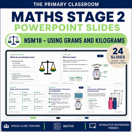 The Primary Classroom Stage 2 maths PowerPoint cover for NSM18 Using Grams and Kilograms, 24 slides