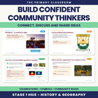 Sample Connected Communities slides showing click-to-reveal answers, real images and linked videos for Years 1 and 2