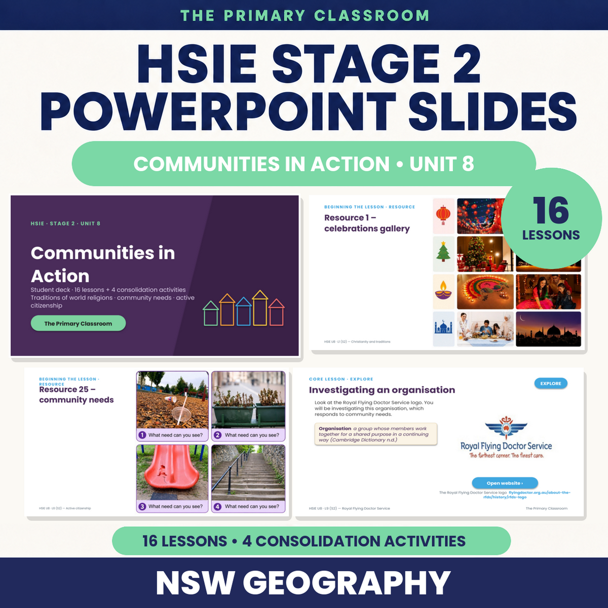 Cover for the Stage 2 HSIE Unit 8 Communities in Action PowerPoint lesson slides for Years 3 and 4