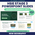 Our World's Environments – Stage 3 HSIE Unit 4 PowerPoint lesson slides cover with globe and latitude lines motif