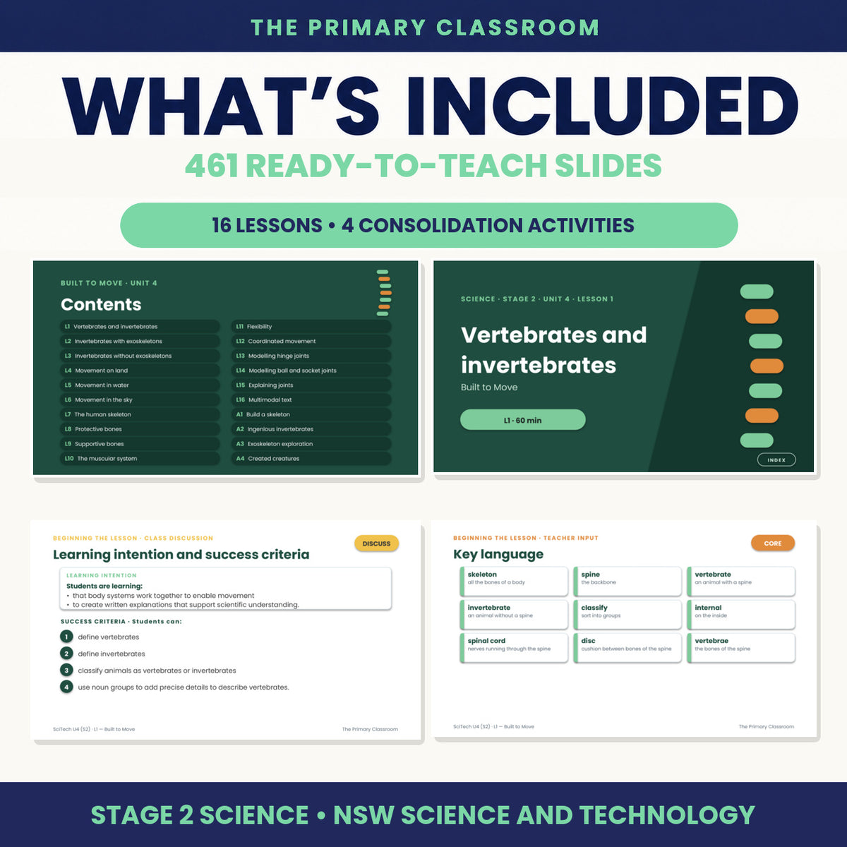 What's included overview: 461 slides across 16 lessons plus 4 consolidation activities