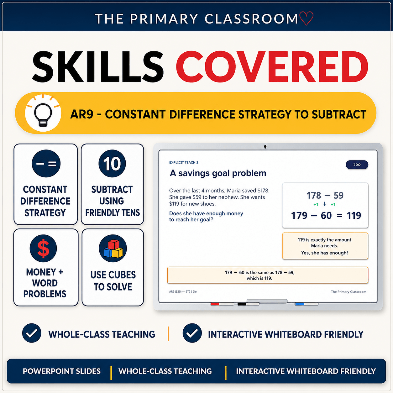 Skills covered in the AR9 slides: constant difference, friendly tens, money word problems and CUBES problem solving