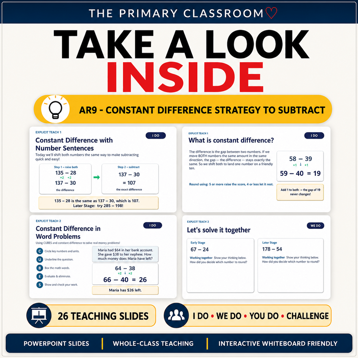 Sample AR9 slides teaching constant difference with number sentences, word problems and We Do practice questions